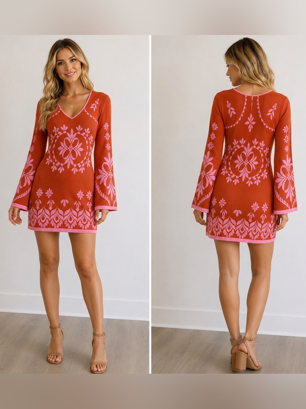 MISA Los Angeles Sahar Dress M NWT Pink Flora Santiago Knit Bell Sleeve $412